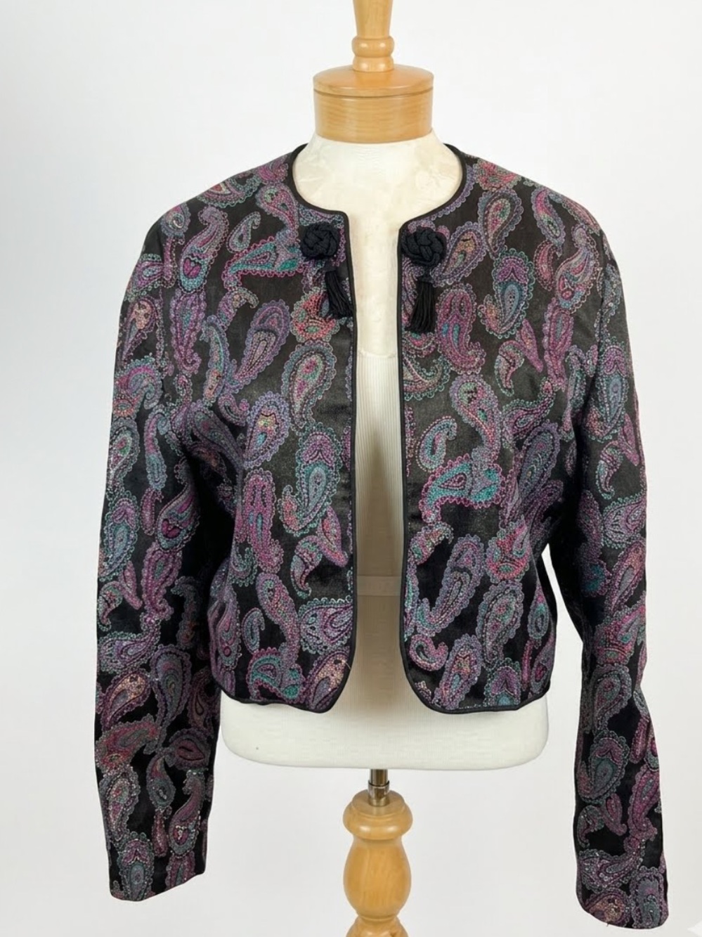 VINTAGE JOAN SPARKS FOR DANIEL BARRETT CROPPED PAISLEY TAPESTRY BLAZER  SZ S/M